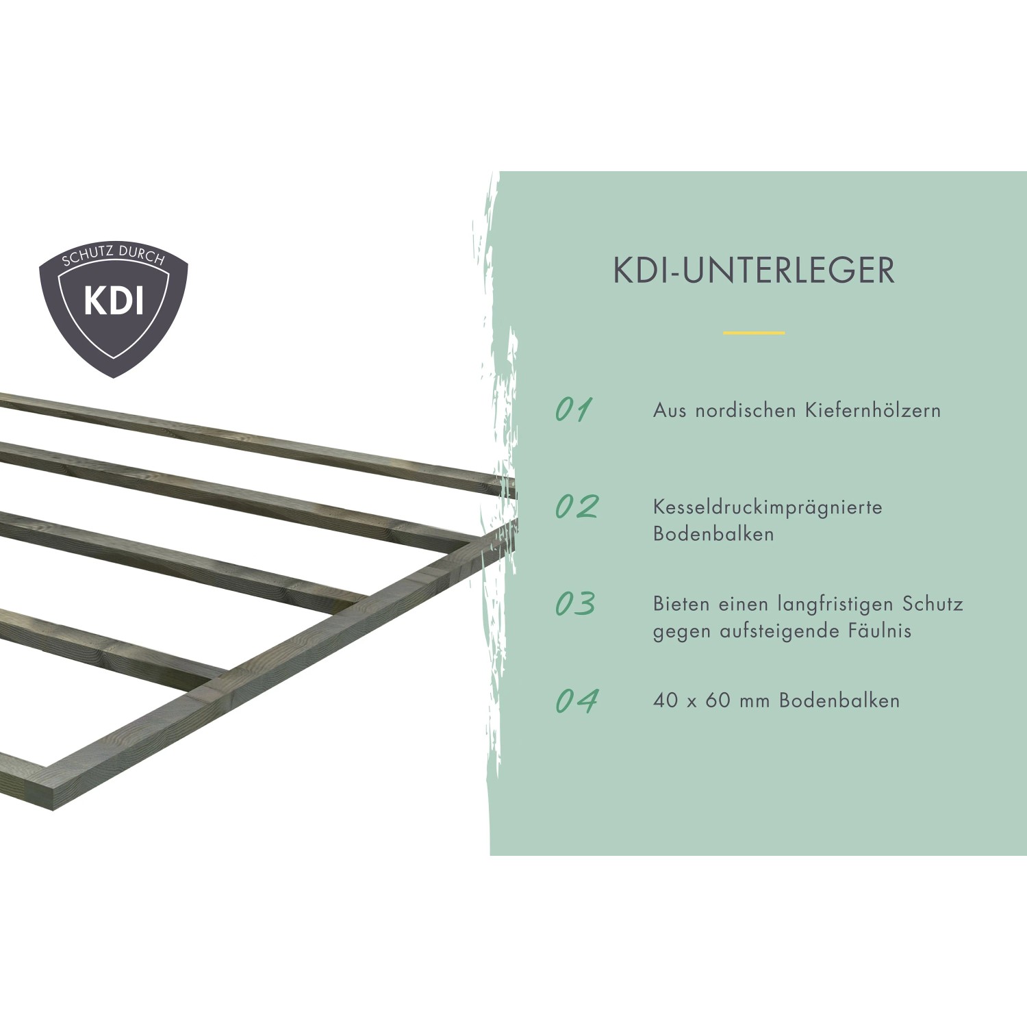 KDI-Unterleger für Karibu Gartenhaus: Kesseldruckimprägnierte Bodenbalken aus Kiefernholz schützen vor Fäulnis.