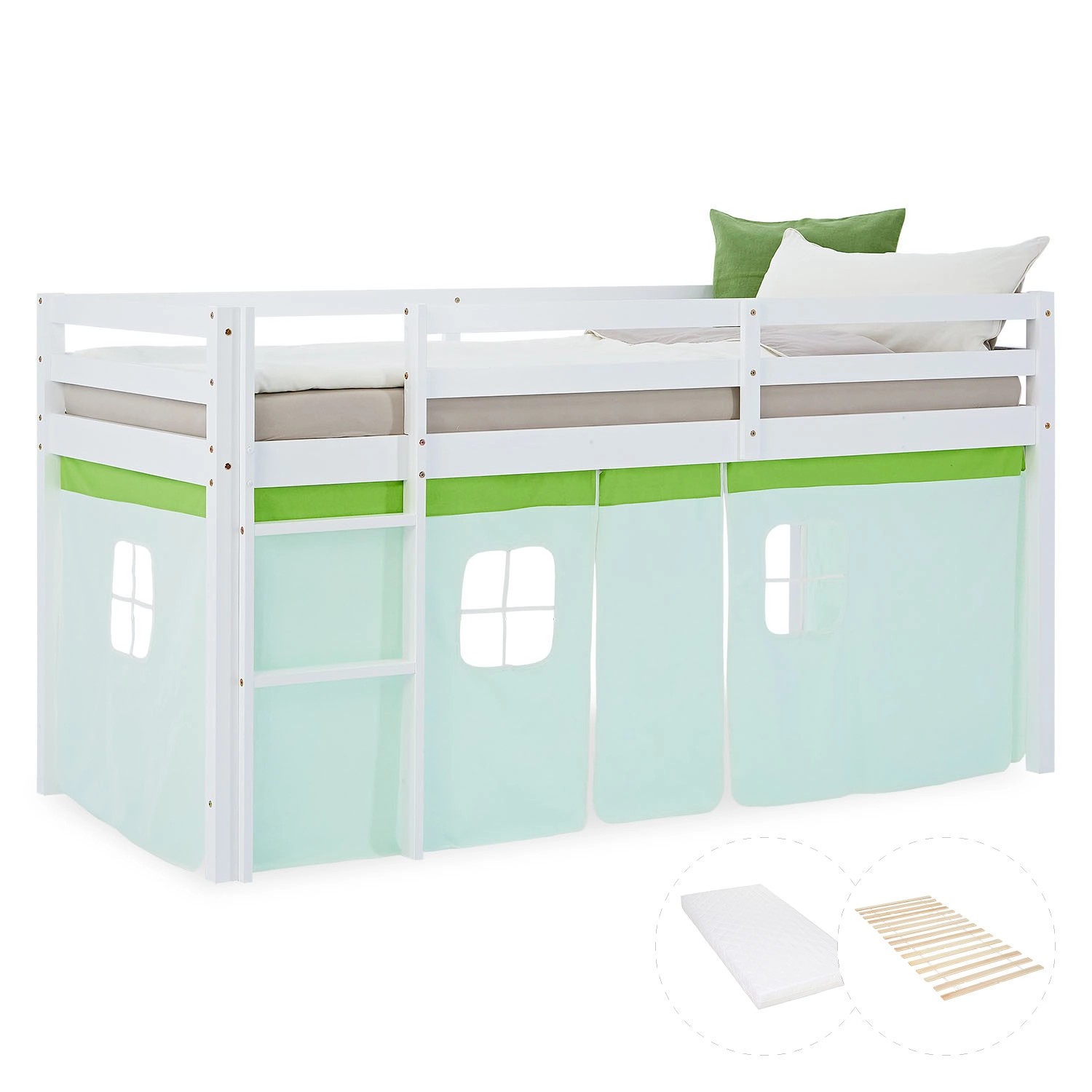 Homestyle4u Kinder Hochbett 90x200 mit Matratze und Lattenrost Vorhang Grün günstig online kaufen