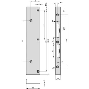 Technische Zeichnung: Basi Reparatur-Winkelschließblech RWS 300, Stahl verzinkt, Maße und Details.
