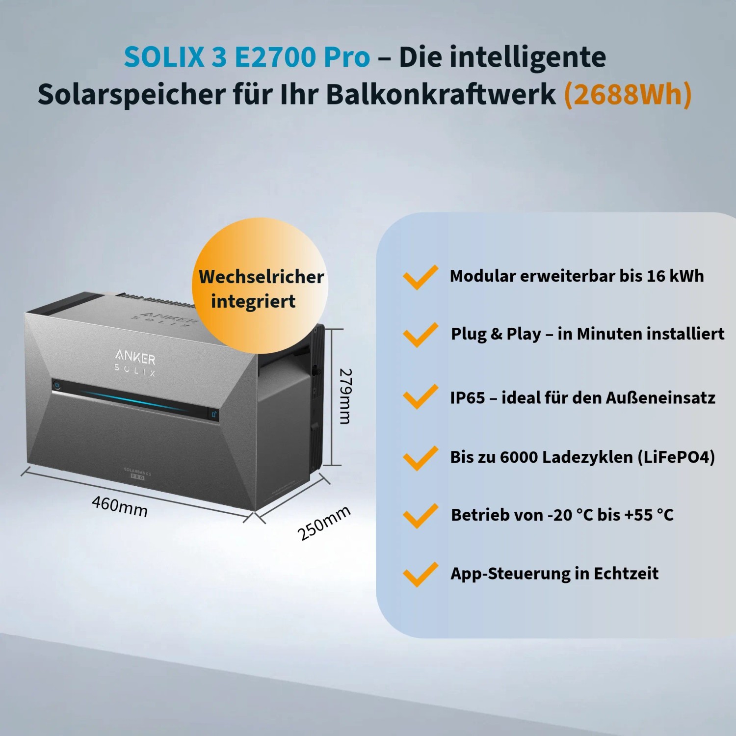 Anker SOLIX Solarbank 3 Pro Solarspeicher für Balkonkraftwerk. Dunkelgraues Gerät, 2688Wh, integrierter Wechselrichter.