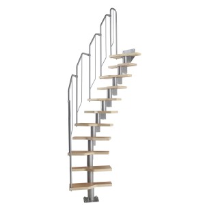 Dolle Systemtreppe mit Raumsparstufen aus Buche und Metallgeländer.