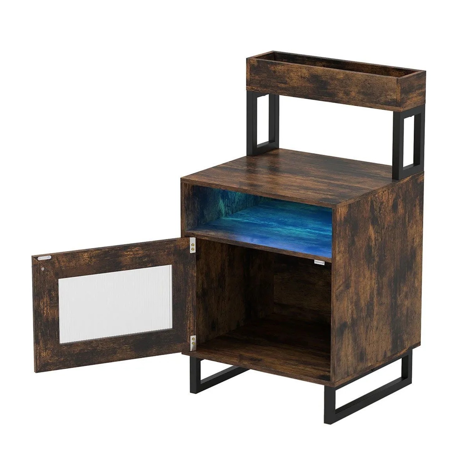 Costway Nachttisch mit Led Nachtschrank mit Oberem Tablett Braun
