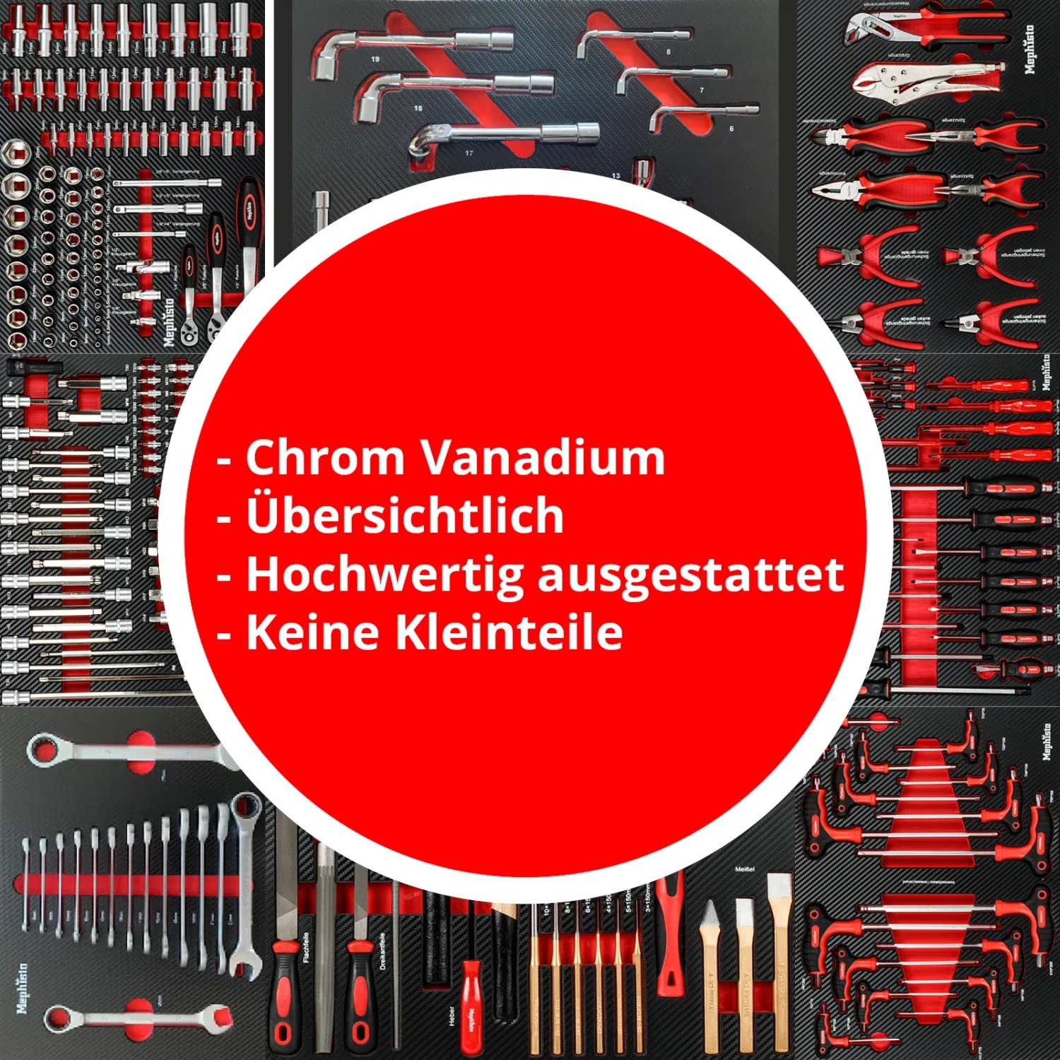 Werkzeugwagen Mephisto Premium mit Werkzeug bestückt: Schraubenschlüssel, Zangen, Hammer, Schraubendreher, Feilen.