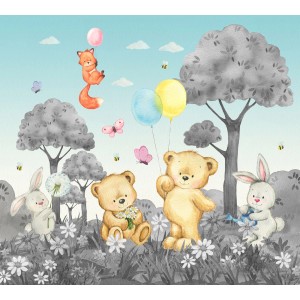 Sanders & Sanders Fototapete Wald mit Tieren in Grau und Blau, 3x2,7m. Niedliches Waldtiermotiv für Kinderzimmer.