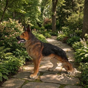 Realistische Gartenfigur Schäferhund, naturfarben, aus Polyresin/Fiberglas auf Steinweg. Wetterbeständige Dekofigur.