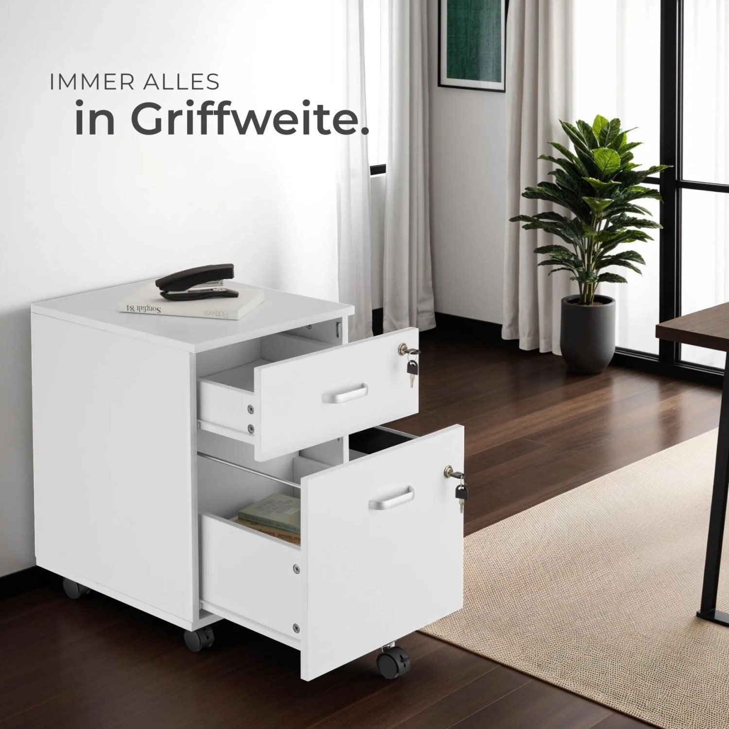 Weißer Tectake Rollcontainer Vagur mit 2 Schubladen, A4 Format, abschließbar, mit Rollen.
