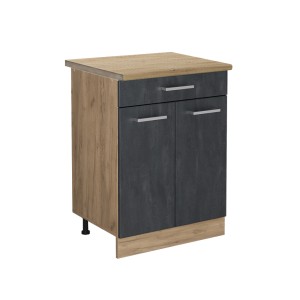 Vicco Küchenunterschrank R-Line, Schublade, Schwarz Beton/Eiche Optik, 60 cm. Küchenschrank mit Schublade und zwei Türen.