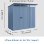 Ecostar Gerätehaus Trend, Taubenblau, mit Pultdach und Einzeltür. Abmessungen sind dargestellt.