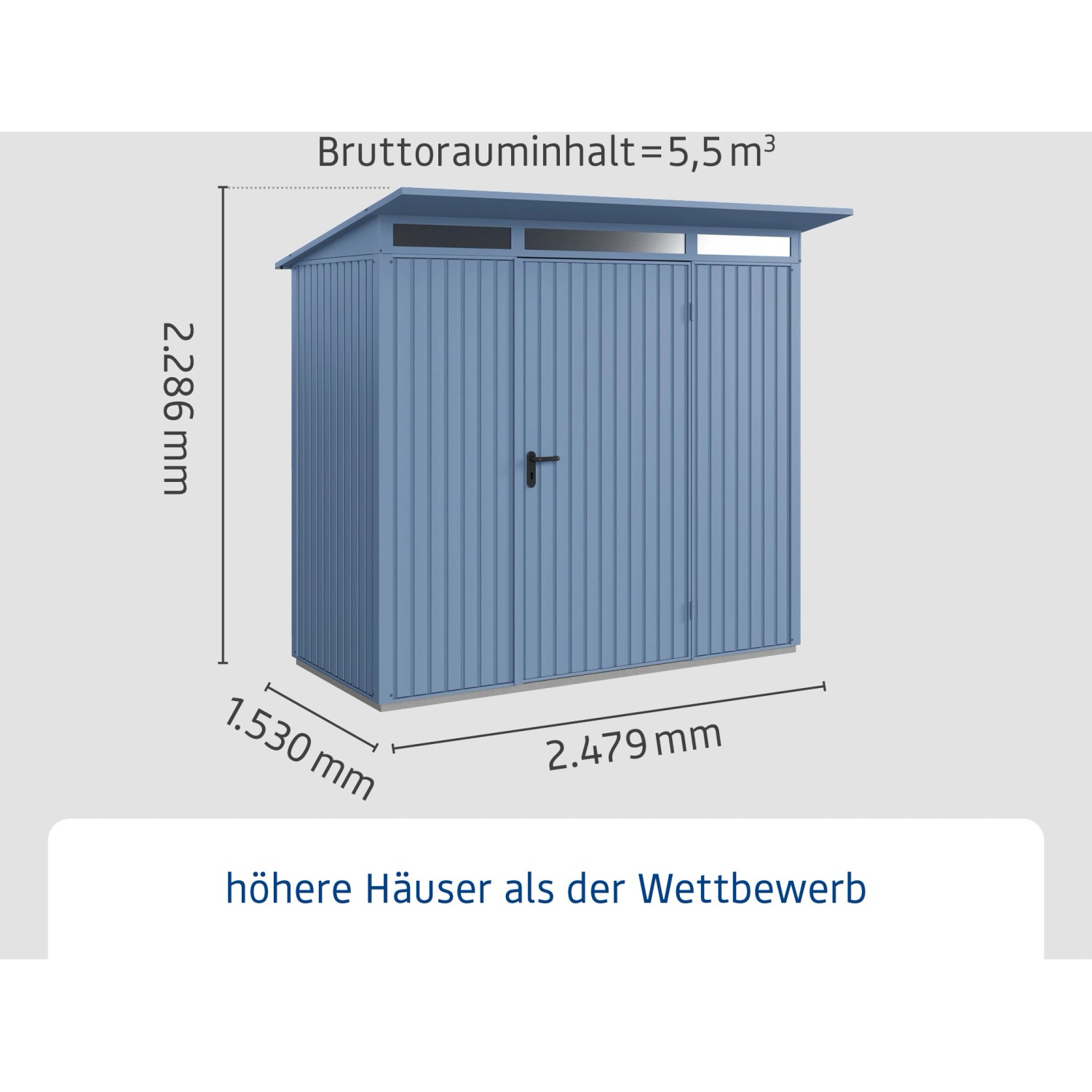 Ecostar Gerätehaus Trend, Taubenblau, mit Pultdach und Einzeltür. Abmessungen sind dargestellt.