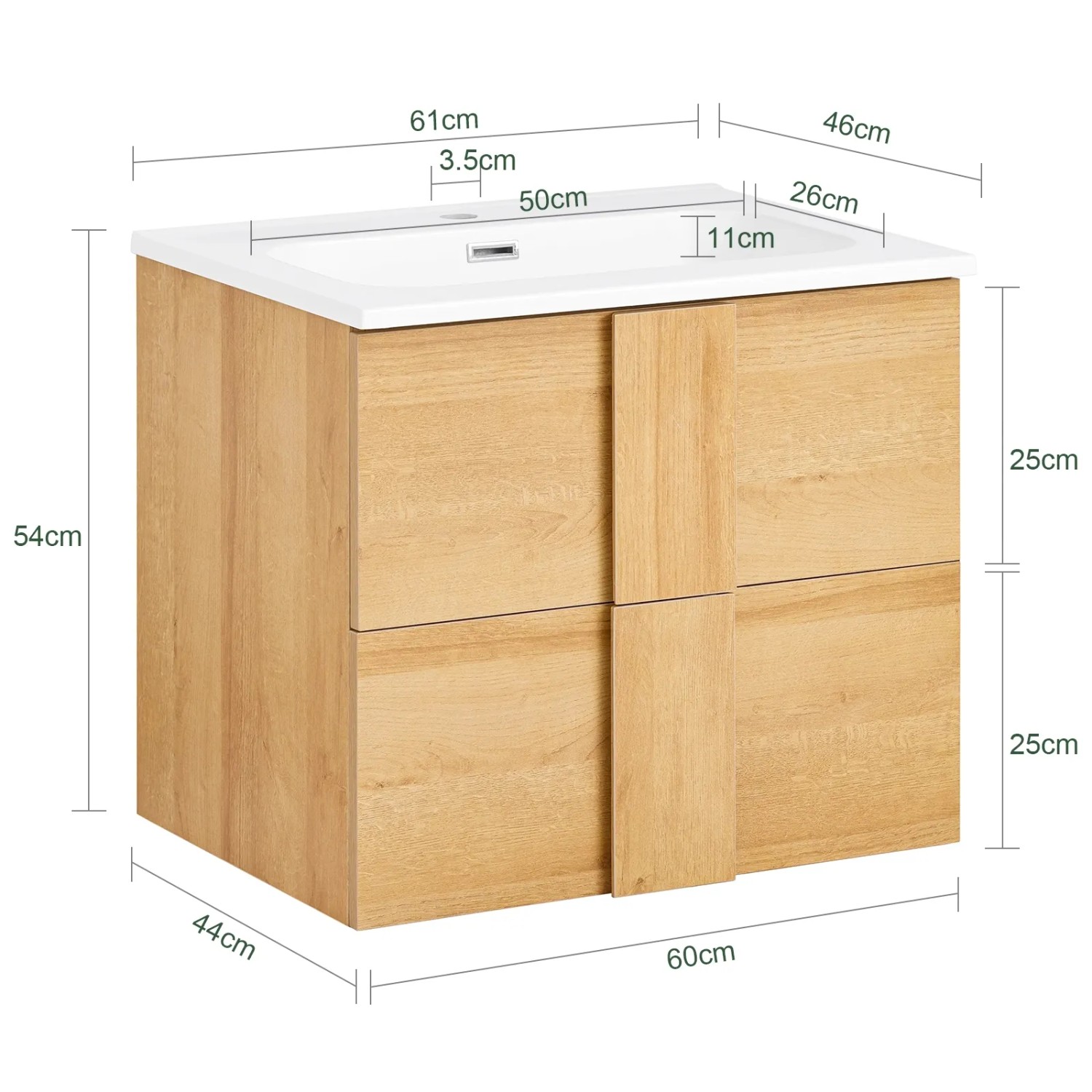 SoBuy Waschbeckenunterschrank BZR172-N in Natur mit Waschbecken und zwei Schubladen.
