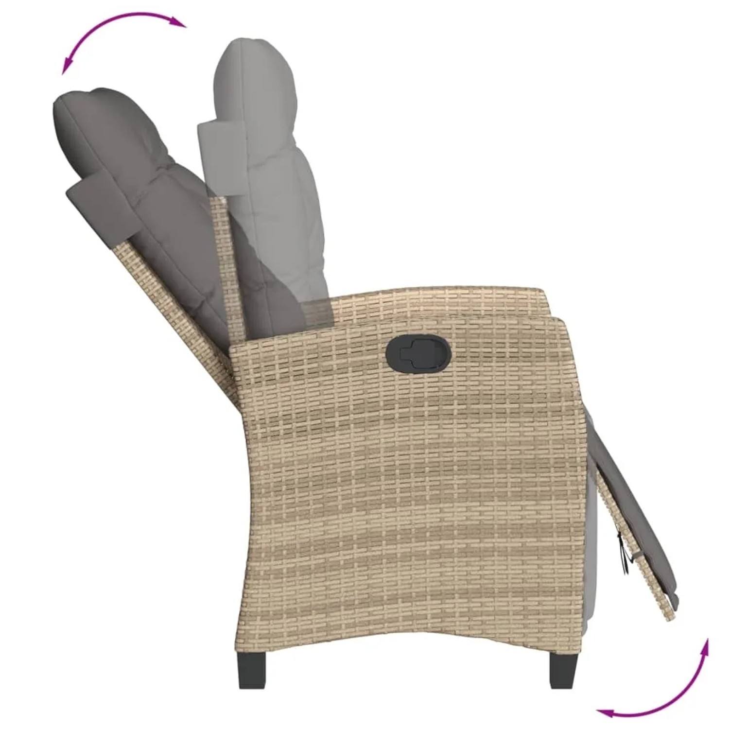 Verstellbarer Gartenstuhl aus Rattan, beige, mit Kissen. Teil der 9-tlg. vidaXL Garten-Essgruppe.