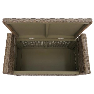 Geöffnete MCW Aufbewahrungstruhe Genua aus Rattan in Grau-Braun, Blick in den Stauraum.