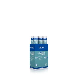ERFURT Strukturvlies Basic Tapetenrollen im blauen Display. Überstreichbare Vliestapete mit glatter Rückseite für leichte Verarbeitung.