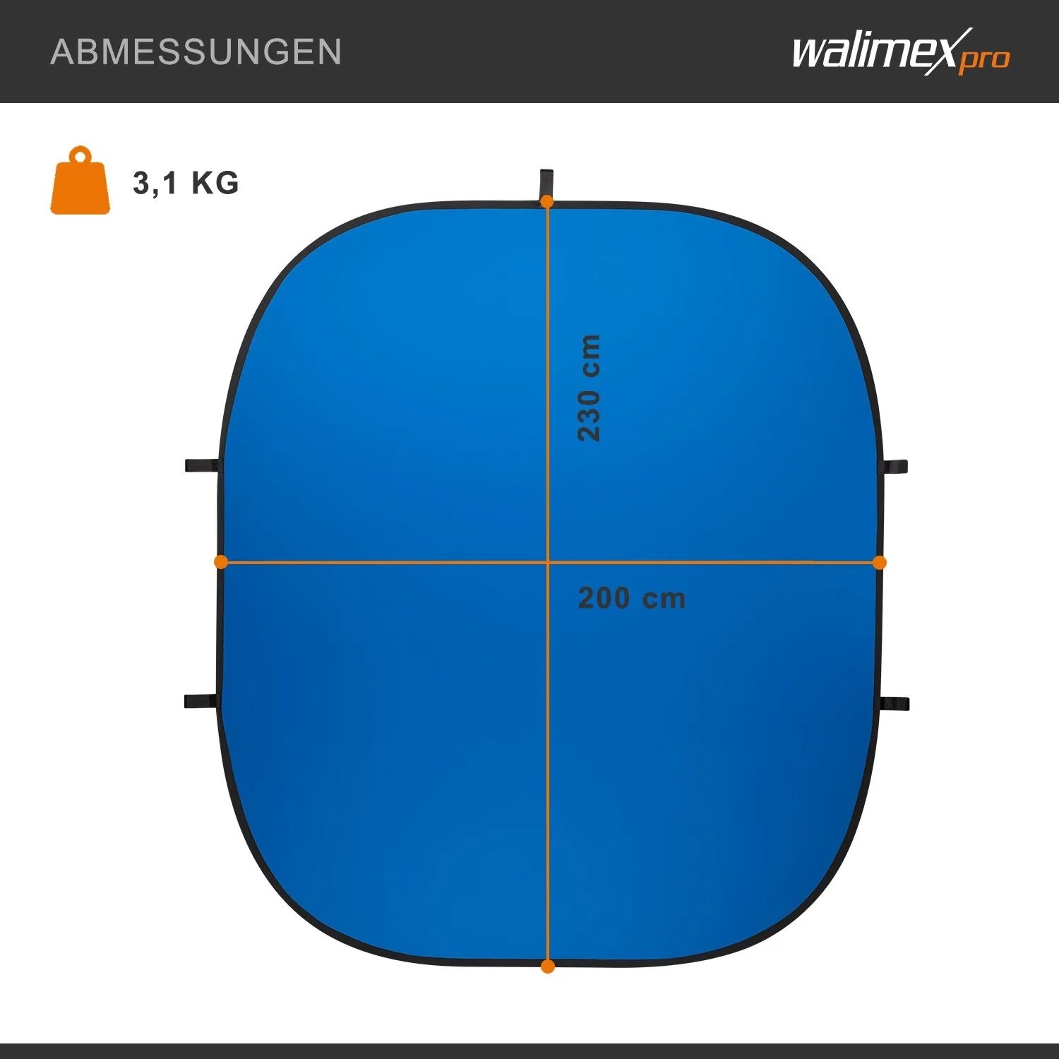 Walimex Pro Falthintergrund 200x230cm, blau, mit Abmessungen 200x230cm und 3,1 kg Gewicht.