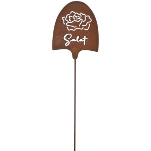 Rostfarbener Gartenstab „Salat“ von Boltze, 52 cm, mit Schriftzug und Rosen-Motiv. Dekorative Gartendekoration.