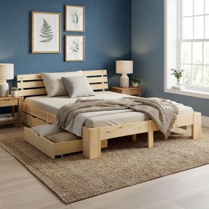 Helles Kiefernholz Doppelbett 140x200 cm mit Lattenkopfteil und ausziehbarem Bettkasten. Modernes Holzbett mit Stauraum.
