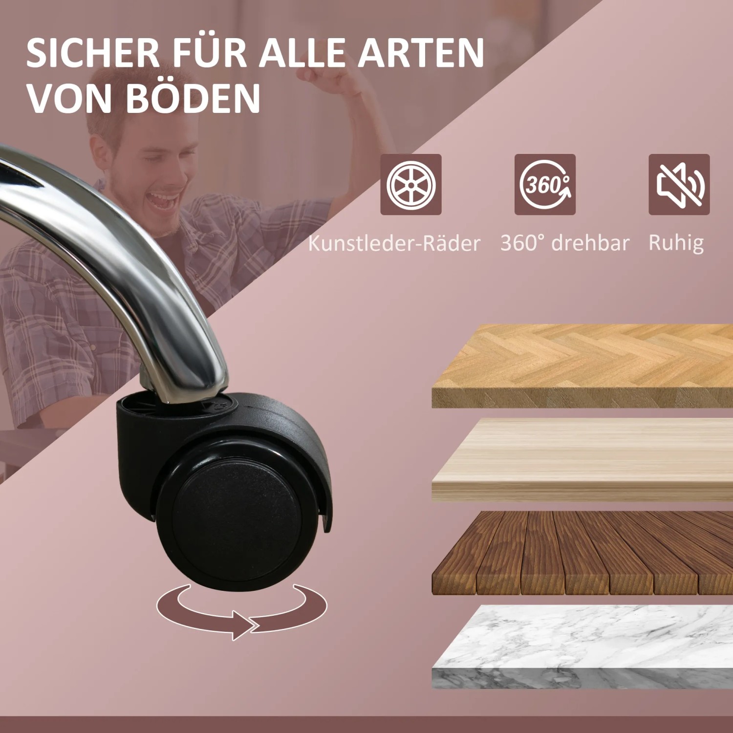 Räder des rosa Vinsetto Bürostuhls: Sicher für alle Böden, 360° drehbar und leise.