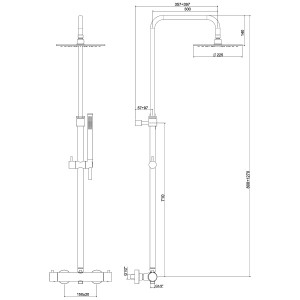 Technische Zeichnung des schwarzen Kronenbach Lima 2.0 Duschsystems mit Thermostat und Kopfbrause (Ø 22,5 cm).