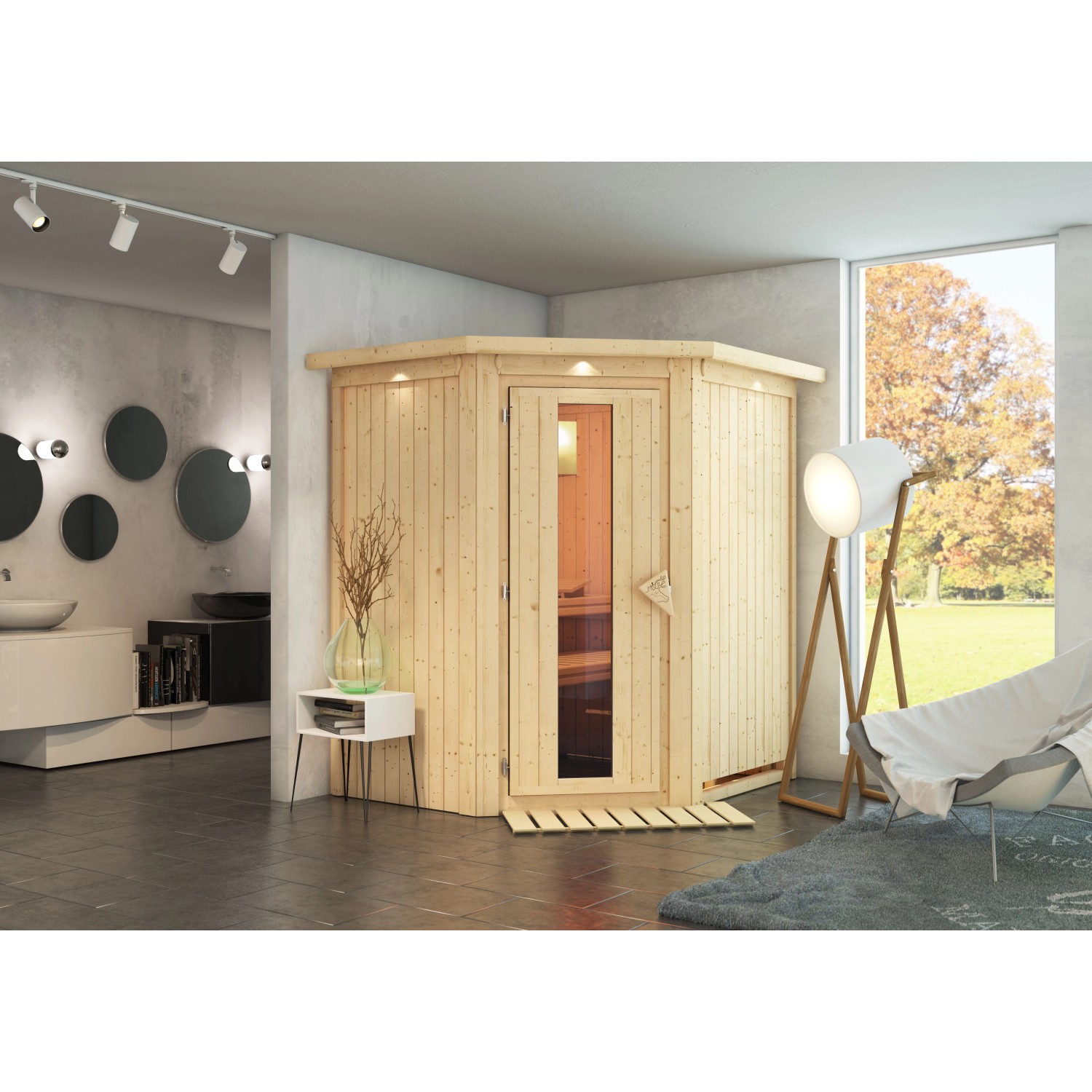 Karibu Sauna Tjorven und LED-Dachkranz Natur
