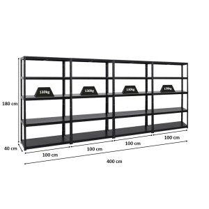 PROREGAL Mega Deal: 4 schwarze Schwerlastregale (180x100x40 cm), Fachlast 130 kg.