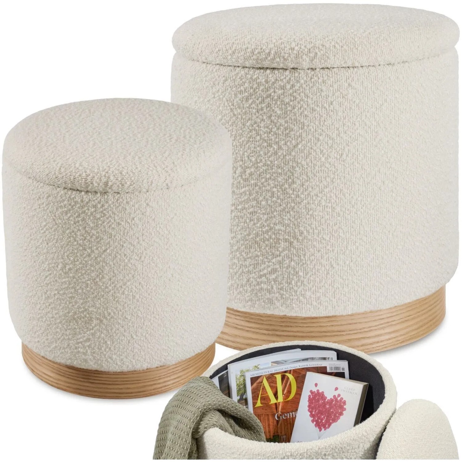 Tectake 2Er Set Sitzhocker Mit Stauraum Orchide Rund Großer Hocker 38 x 42 cm  Kleiner Hocker 32 x 34 cm  38 x 38 x 42 cm Creme