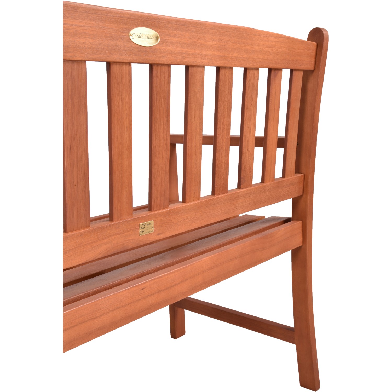 Detailansicht der braunen Garden Pleasure 2-Sitzer Bank aus FSC®-zertifiziertem Holz.
