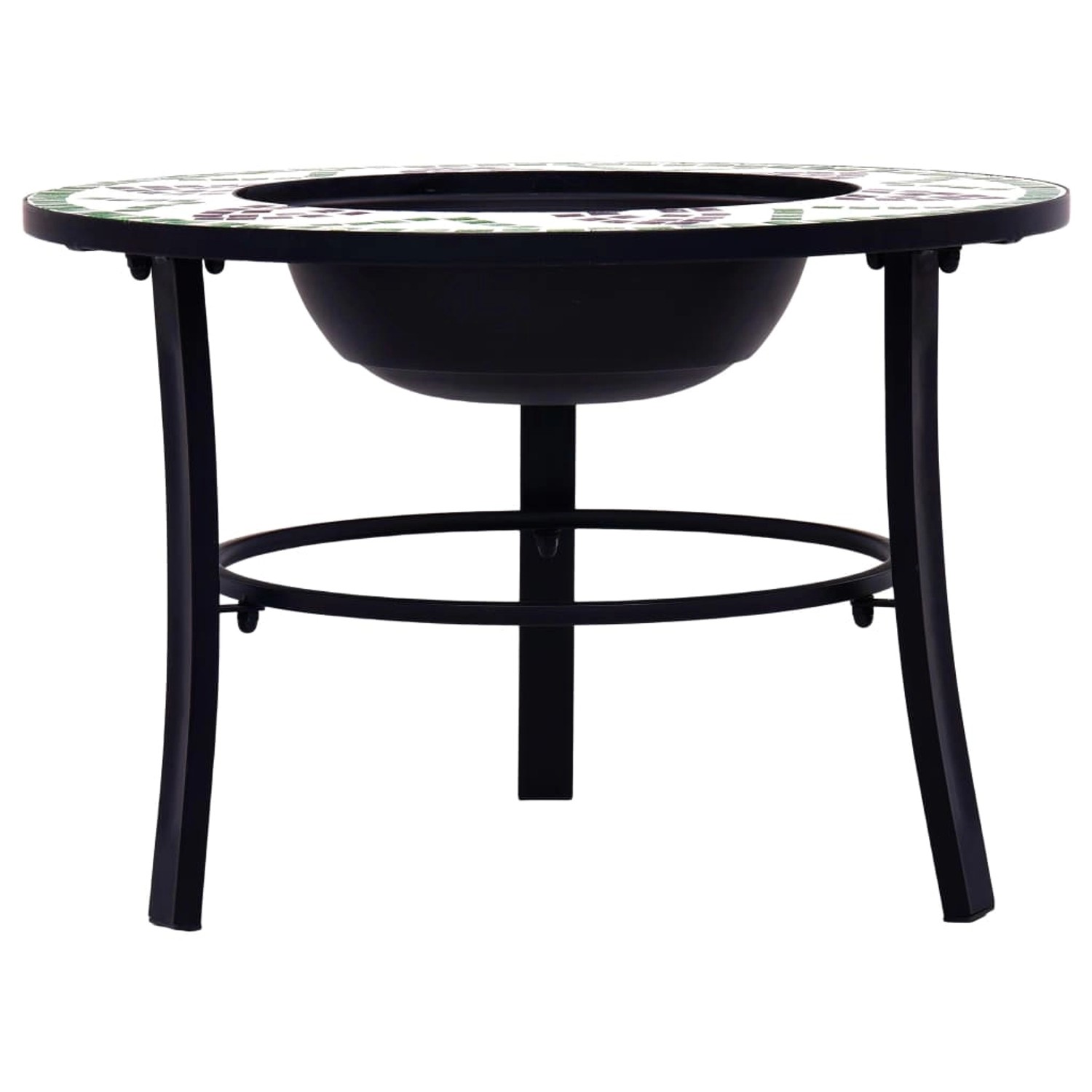 Grüne vidaXL Feuerstelle mit Mosaik-Tischplatte und schwarzem Stahlgestell, 68 cm Durchmesser.