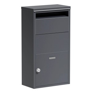 Anthrazitfarbener Wiltec Paketkasten mit Einwurfsystem und Kombinationsschloss. Moderner Standbriefkasten für Pakete.