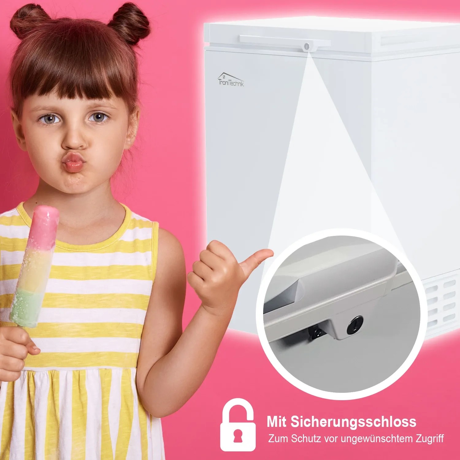 Tronitechnik Gefriertruhe Borgar Pro mit Kind und Eis, Detailansicht Schloss