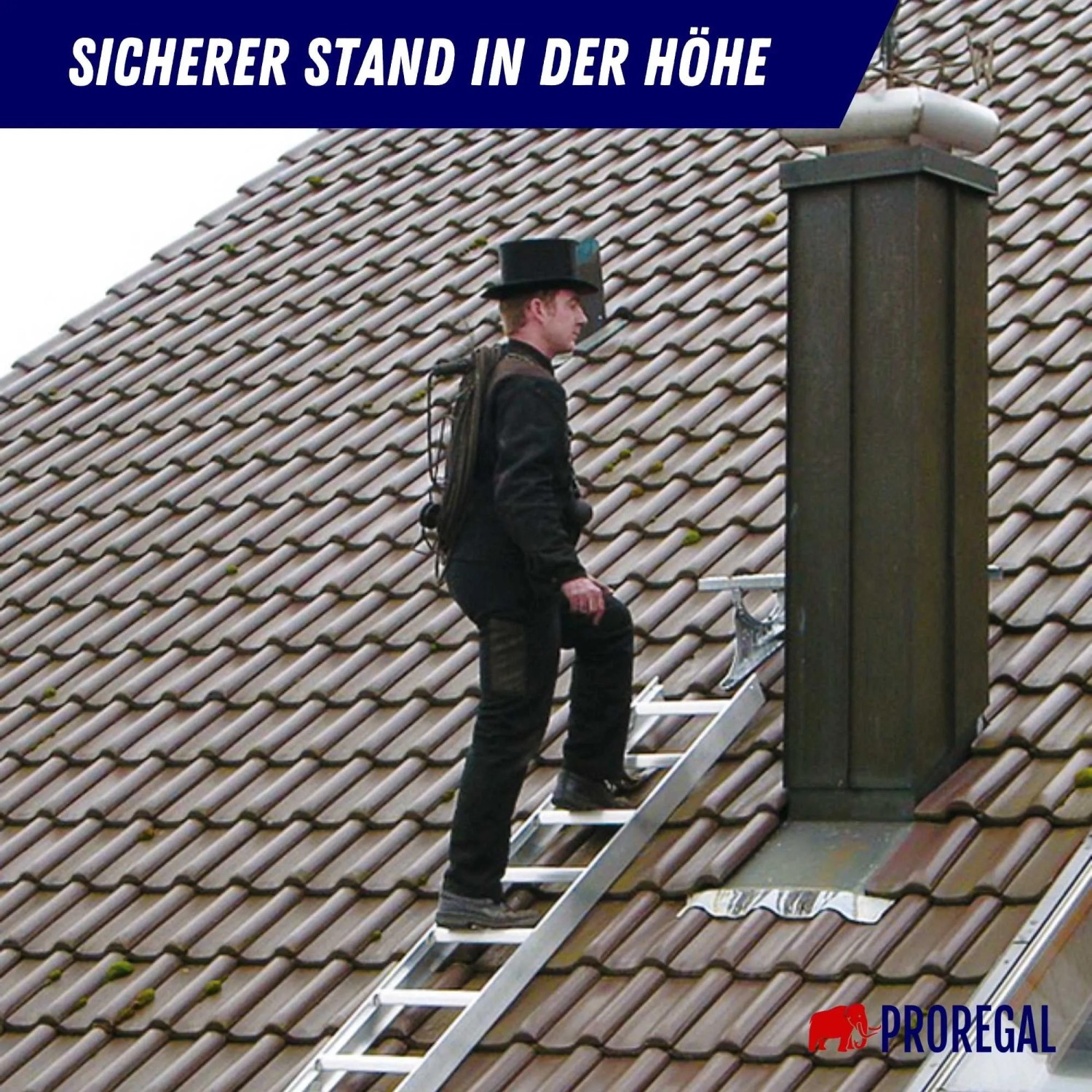 PROREGAL Dachleiter Rotbraun mit Schornsteinfeger auf Dach, 10 Sprossen.