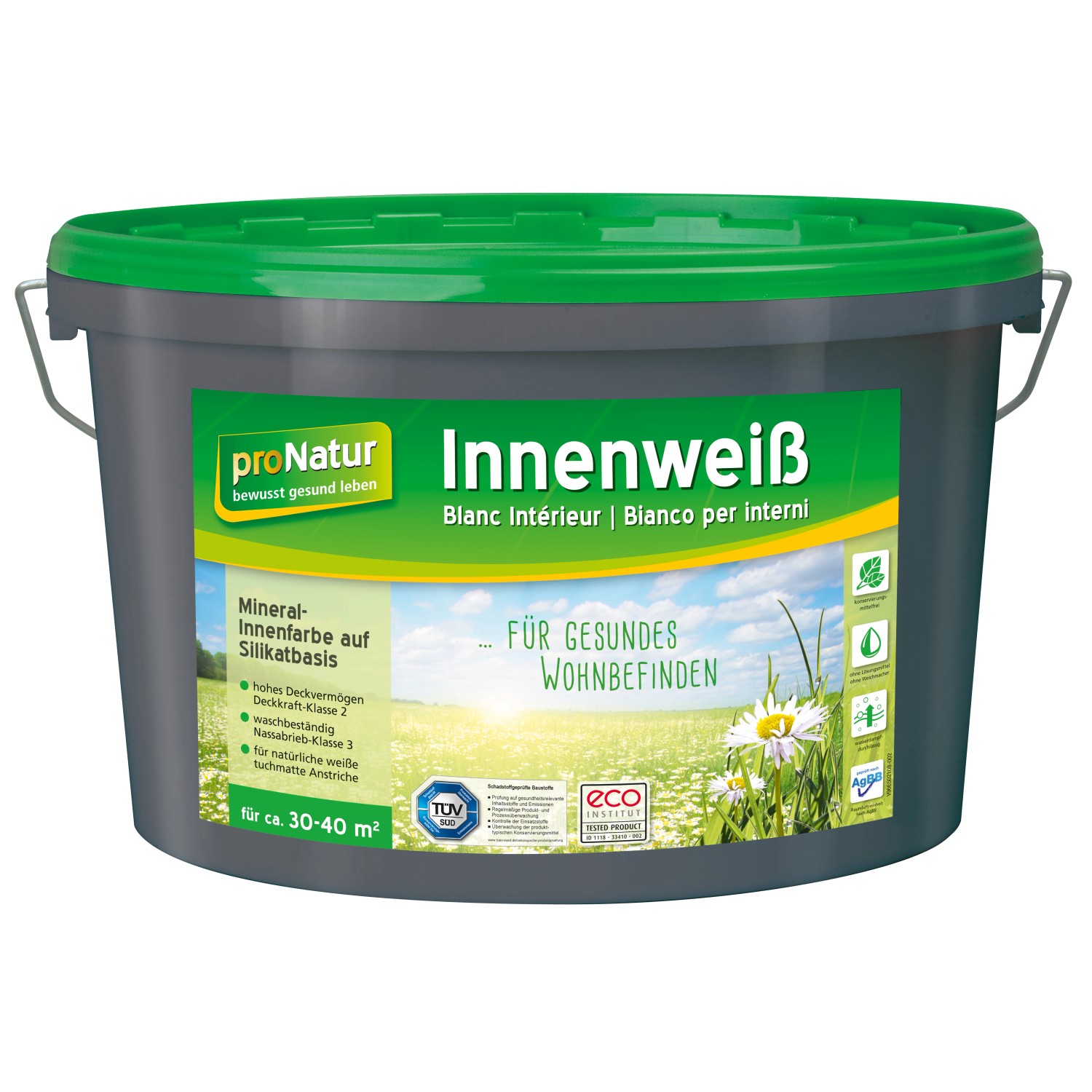 Eimer Pronatur Innenweiß 5l, weiße, matte Silikat-Mineralfarbe für Innenräume.