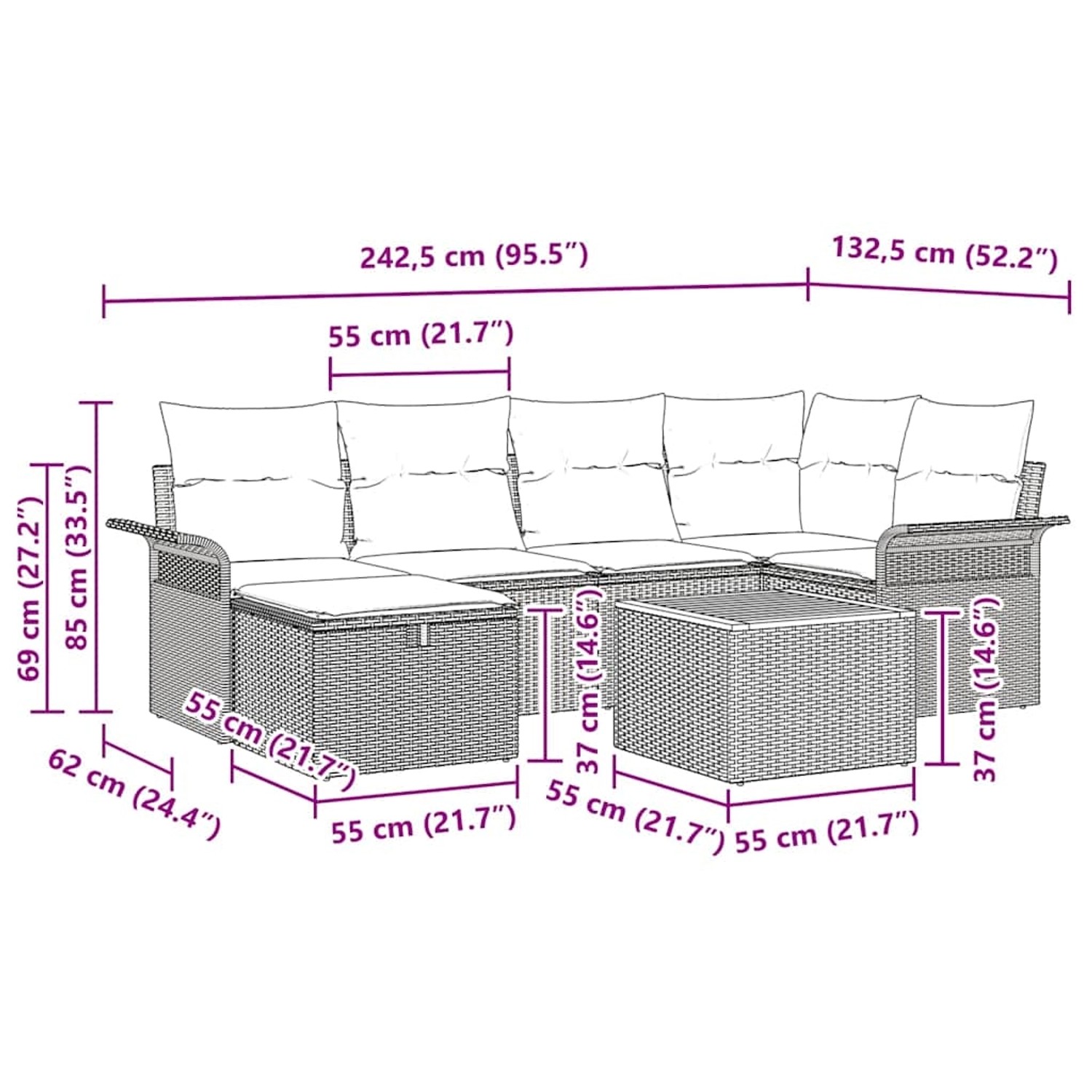 Skizze des beigen vidaXL Garten-Sofa-Sets aus Rattan mit Maßen.