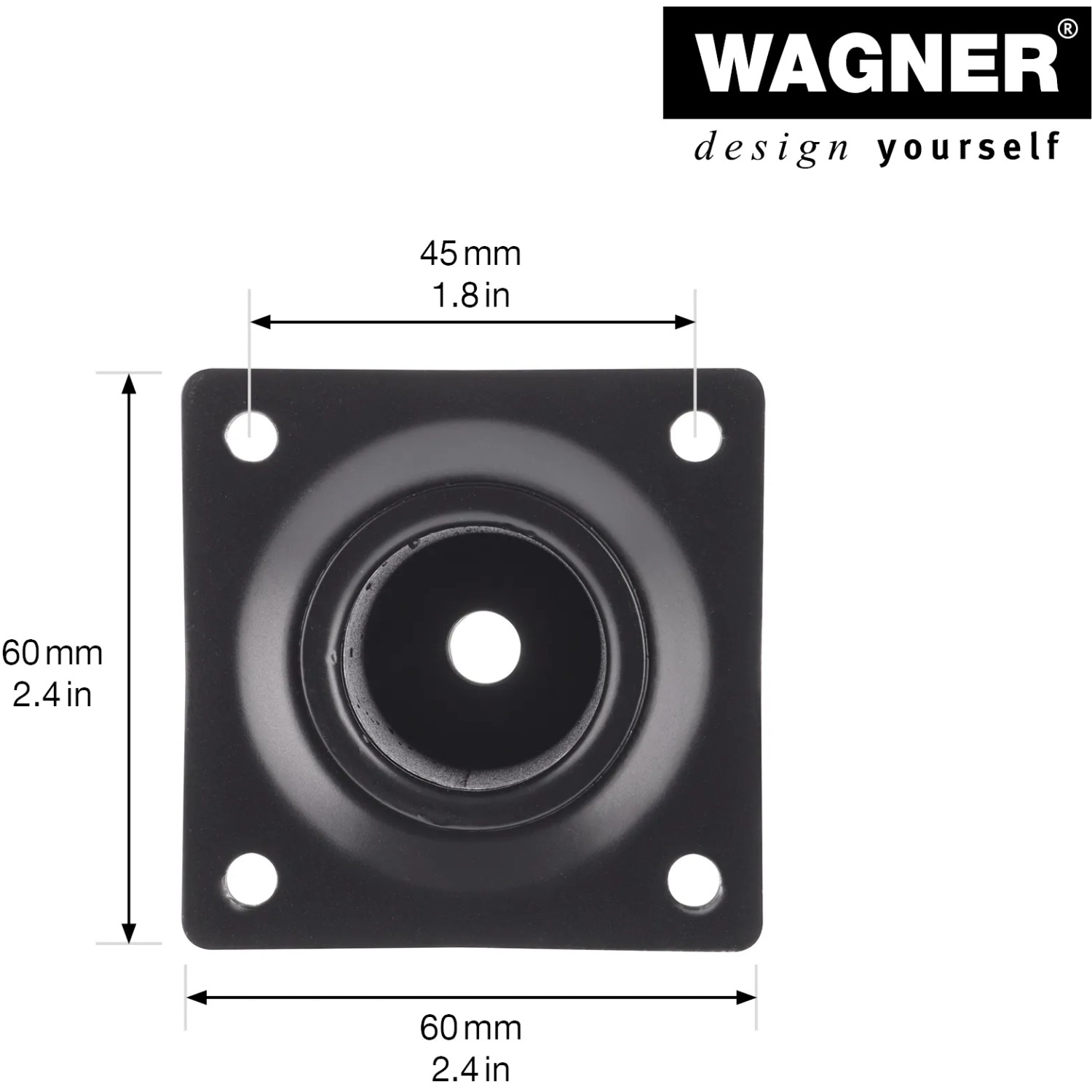 Wagner Teleskopfuß, justierbar, Ø 30mm, 160-250mm, schwarz, Detailansicht der Montageplatte.