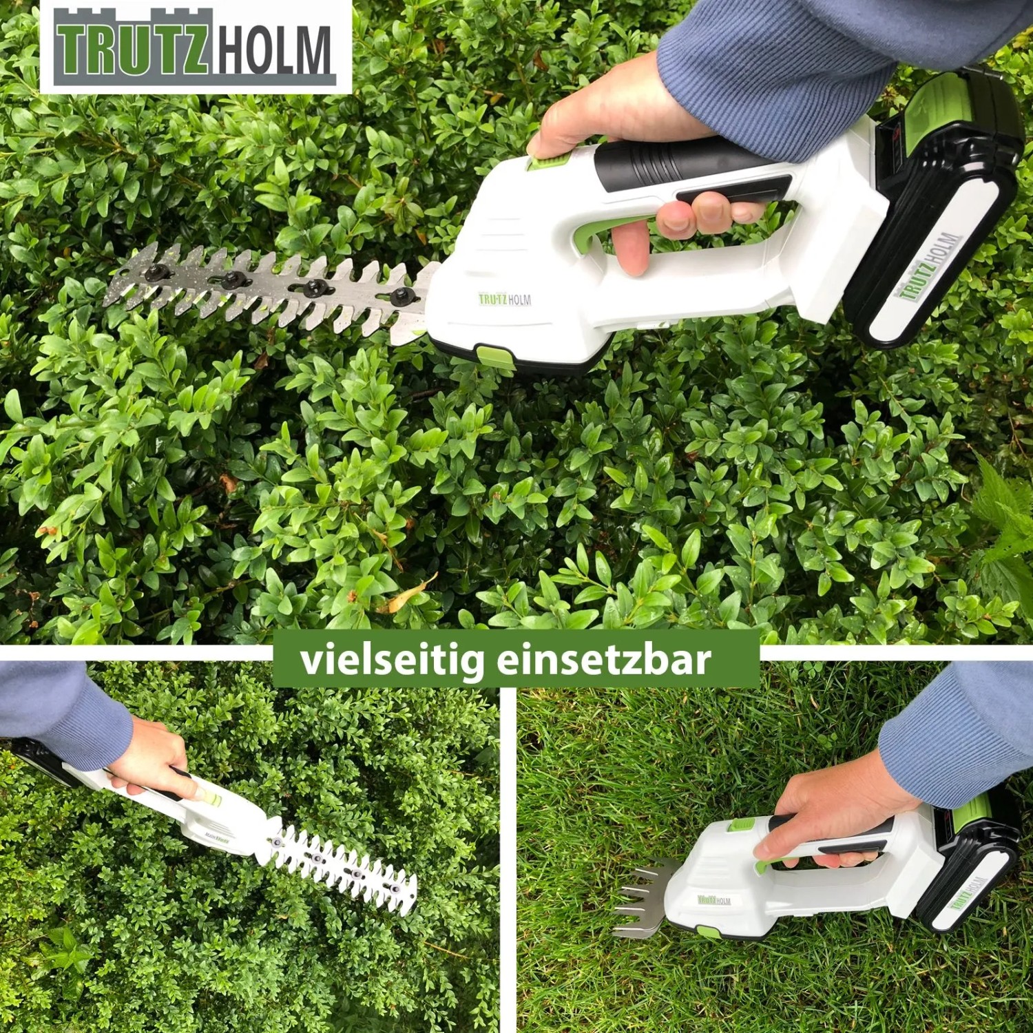TRUTZHOLM Akku Rasentrimmer 20V 2in1 mit Gras- und Strauchklinge im Einsatz.