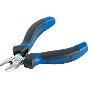 LUX Seitenschneider 120 mm mit blau-grauen Griffen zum Trennen von Drähten und Kabeln.