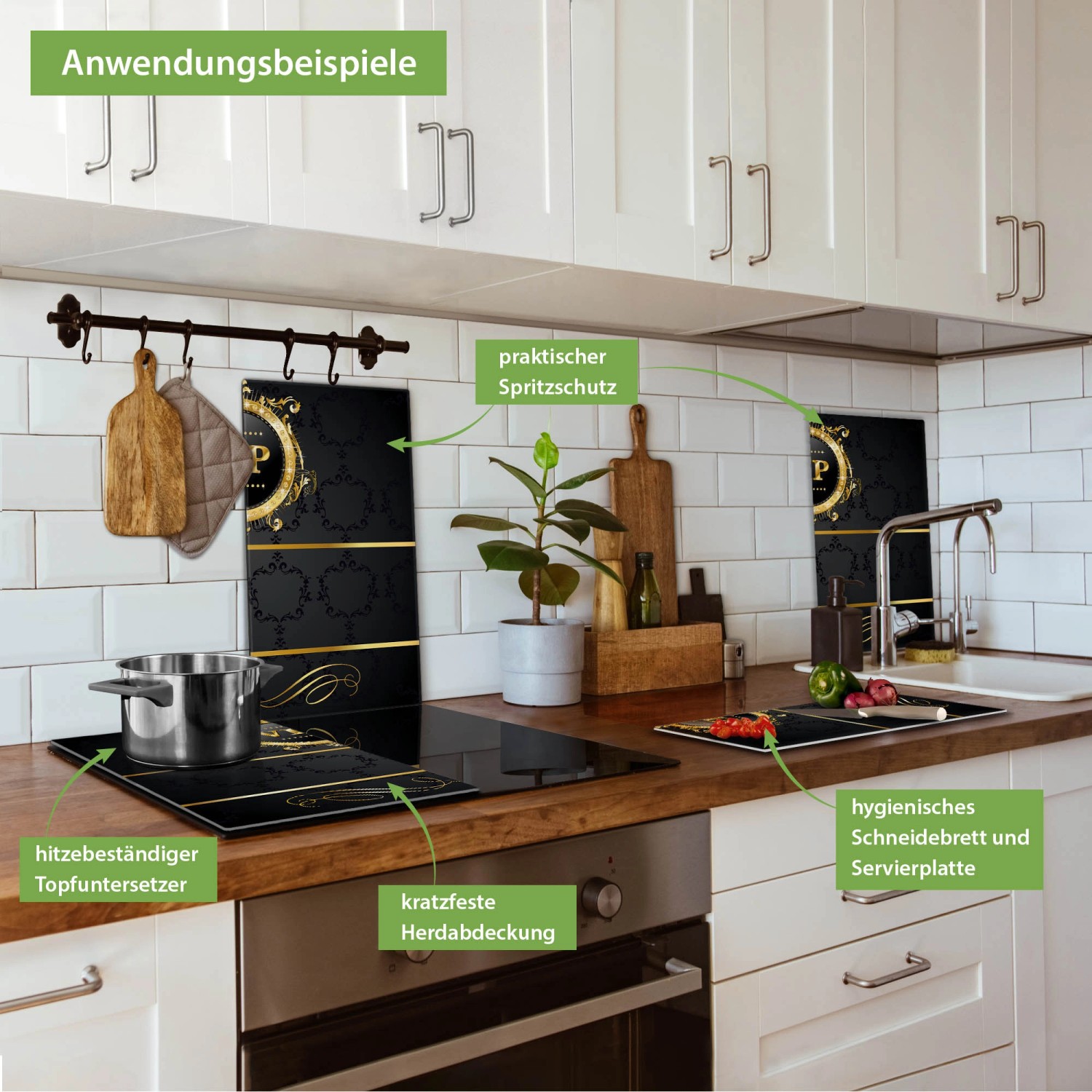 Banjado 2-teilige Glas Herdabdeckung „Vip“ (30x52cm) als Schneidebrett und Spritzschutz.