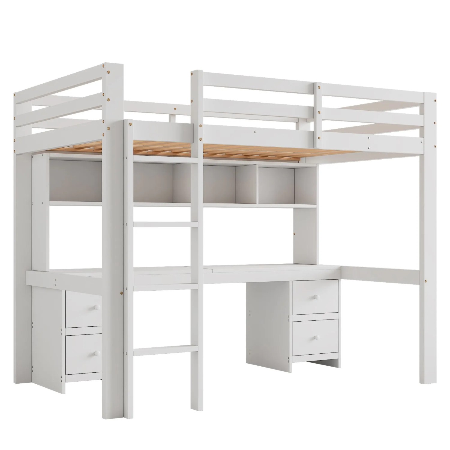 okwish Hochbett 90x200cm mit Schreibtisch Stauraum Weiß ohne Matratze