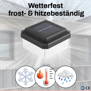 Schwarze Solar Zaunleuchte mit Solarpanel, wetterfest, frost- & hitzebeständig. Ideal für Doppelstabmattenzaun Beleuchtung.