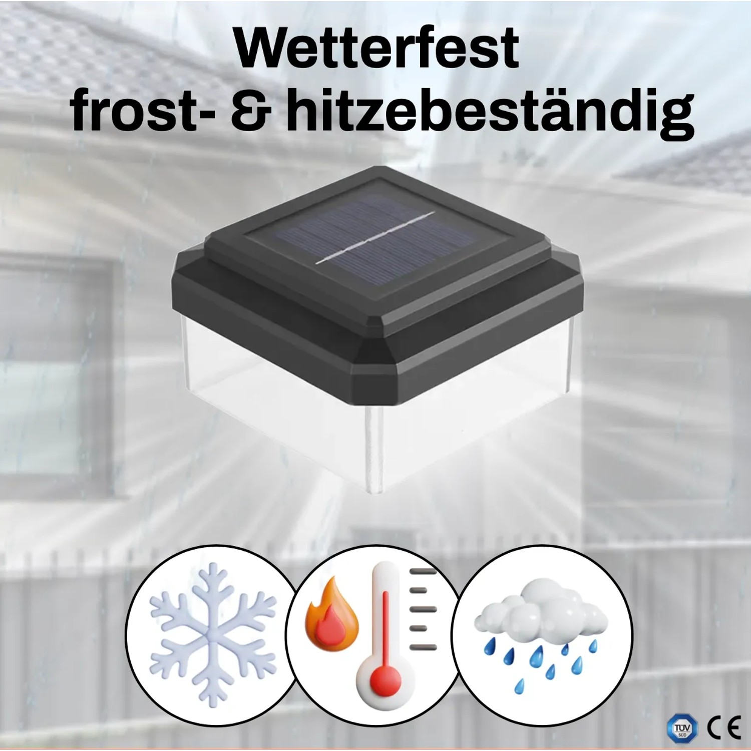 Schwarze Solar Zaunleuchte mit Solarpanel, wetterfest, frost- & hitzebeständig. Ideal für Doppelstabmattenzaun Beleuchtung.