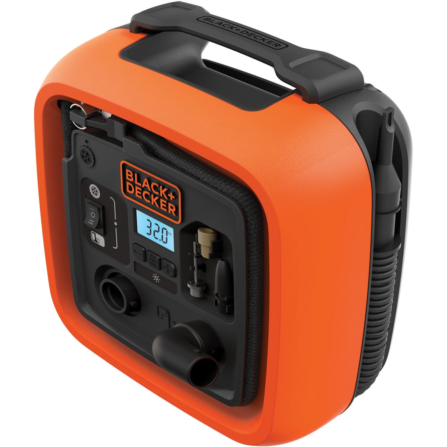 Black+Decker Luftpumpe ASI400, 12V Kompressor mit Digitalanzeige und Tragegriff.