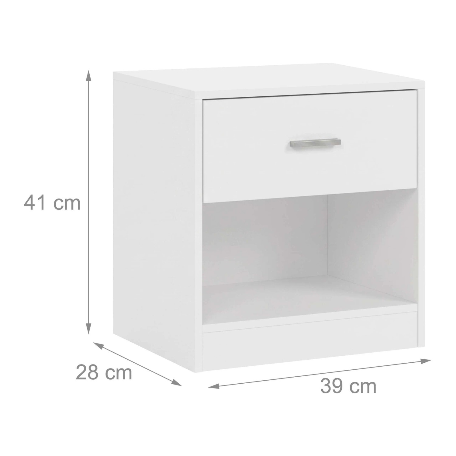 Weißer MDF Nachttisch mit Schublade, offenem Fach und silbernem Griff. Maße: 41x39x28 cm.