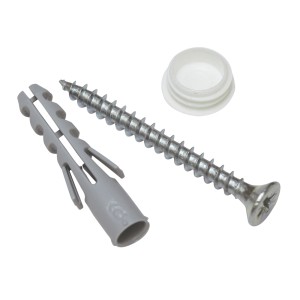 Gardinia Holzschraube verzinkt mit Dübel und Abdeckkappe für Gardinenschienen.