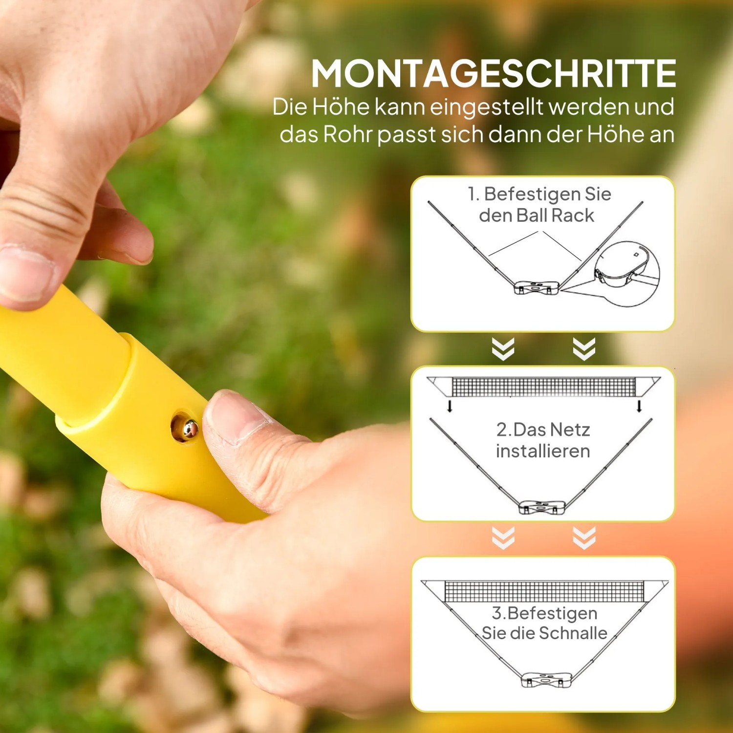 Hand justiert gelbes HOMCOM Badminton Netz Gestänge; Infografik zeigt 3 Montageschritte, inkl. Höhenverstellung. Spiel & Spaß.