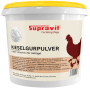 Weißer Supravit Kieselgurpulver 4 kg Eimer für Hühner. Geflügel-Einstreu mit Henne und Küken auf Etikett.