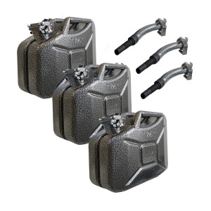 3er Set Metallkanister (10L) in Snakeoptik mit Ausgießer und Halter für Pannenhilfe.