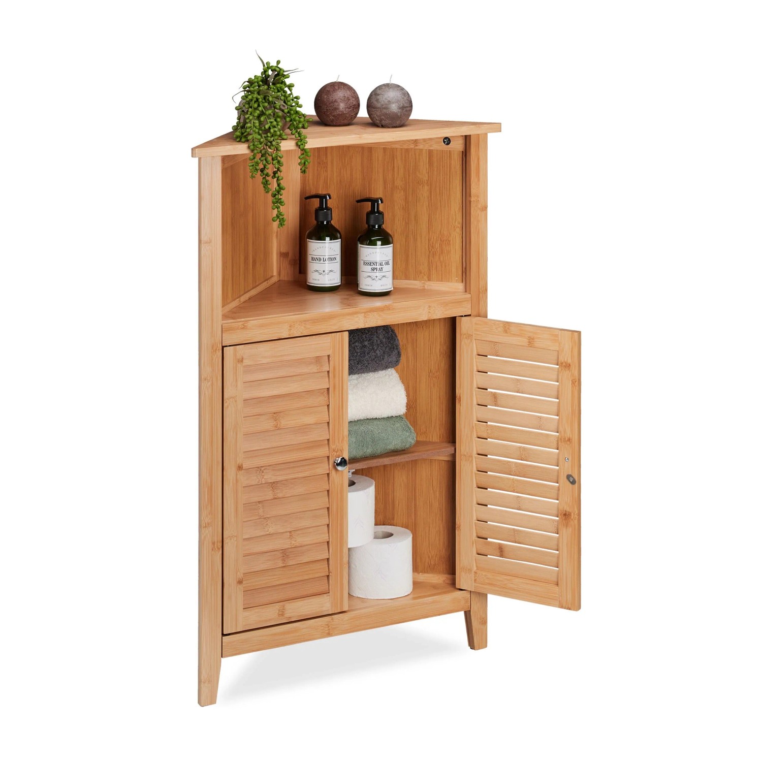 Relaxdays Eckschrank Bambus Natur mit Lamellentüren 92 cm x 58 cm x 30 cm