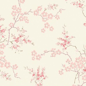 Laura Ashley Vliestapete mit zartem Kirschblütenmuster in Rosa und Weiß.