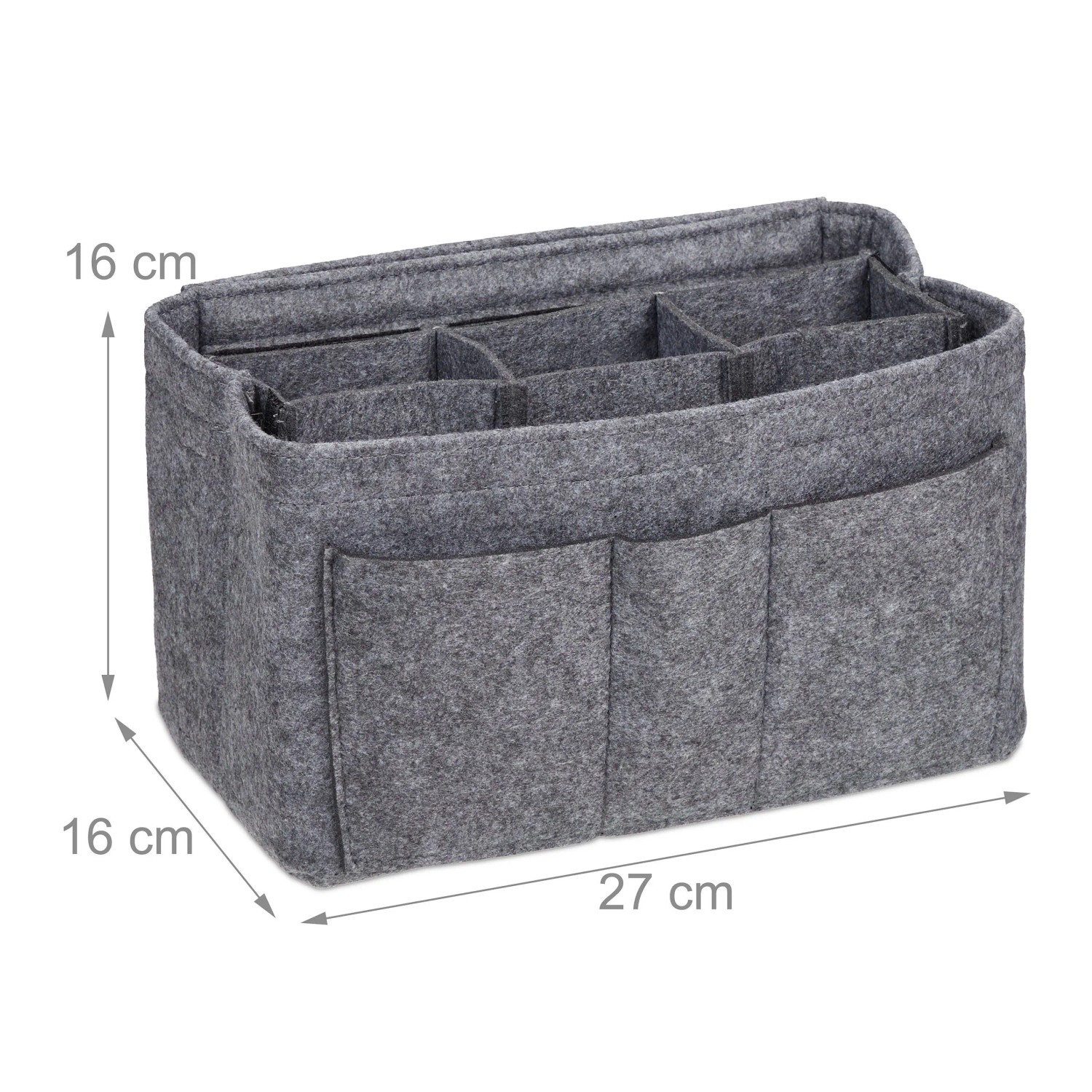 Dunkelgrauer Filz Taschenorganizer mit vielen Fächern und entnehmbarem Trenner, Größe S 16x27x16 cm. Für Ordnung in der Handtasche.