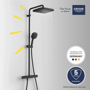 Schwarzes Grohe Vitalio Comfort 250 Duschsystem mit Thermostatbatterie für Wandmontage.