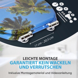 Sanilo WC-Sitz Karibik mit Absenkautomatik, Holz, Palmen-Motiv und Montagematerial.